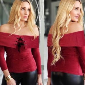Burgundy Soft-Ribbed Off Shoulder Top